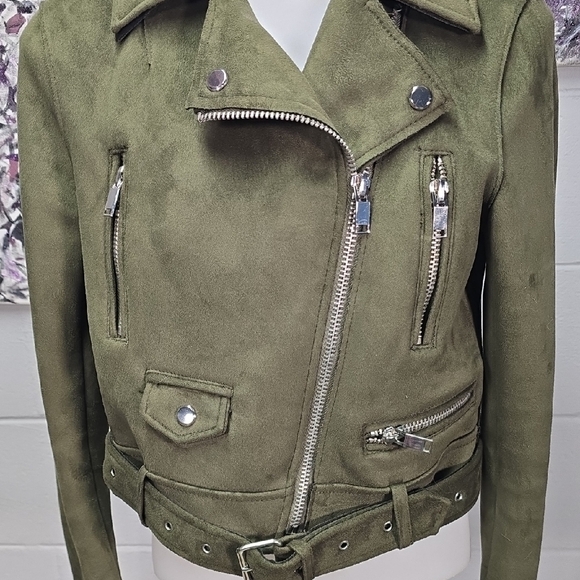 Zara Olive Green Suede Leather Jacket - Picture 3 of 12